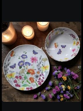 8pc Melamine Floral Butterfly Wildflower Dinner Plates & Bowl Set Indoor Outdoor
